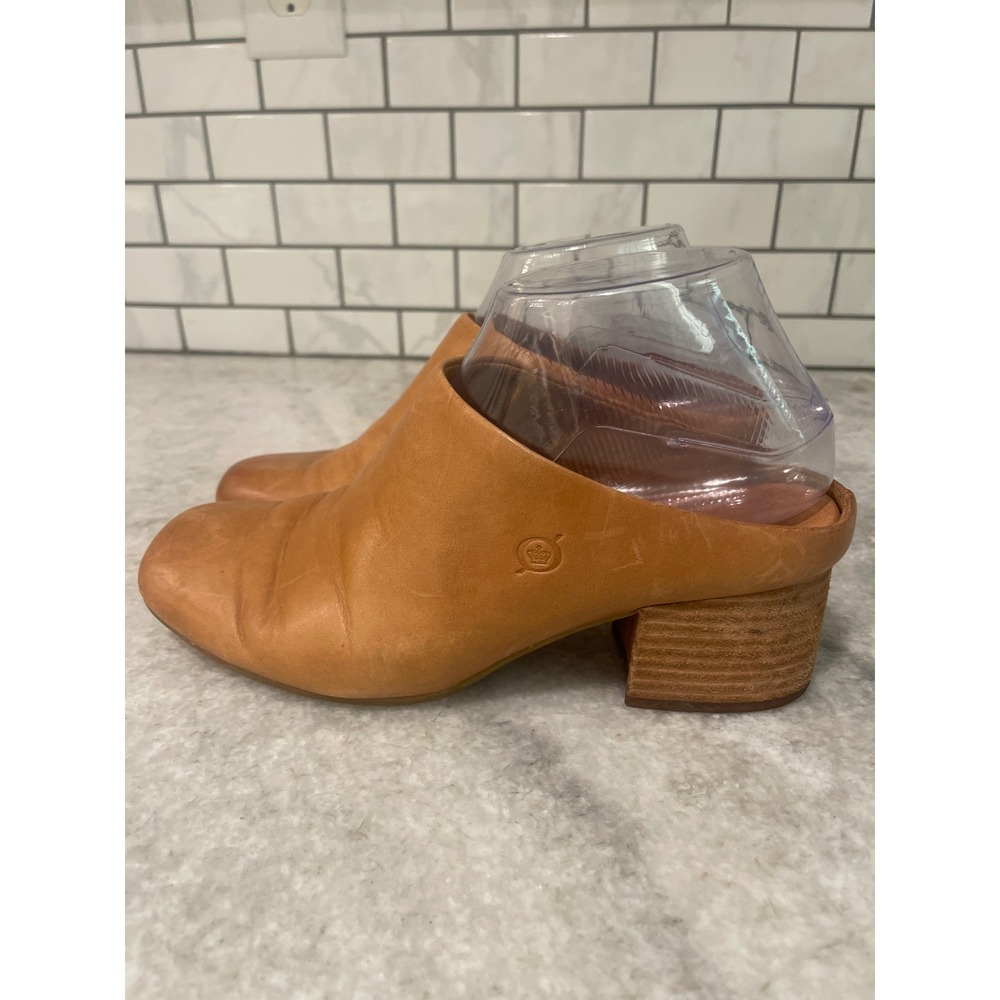 Born Mules Women 7.5 Tan Leather Block Heel Round Toe Slip On Clogs Shoes Boho